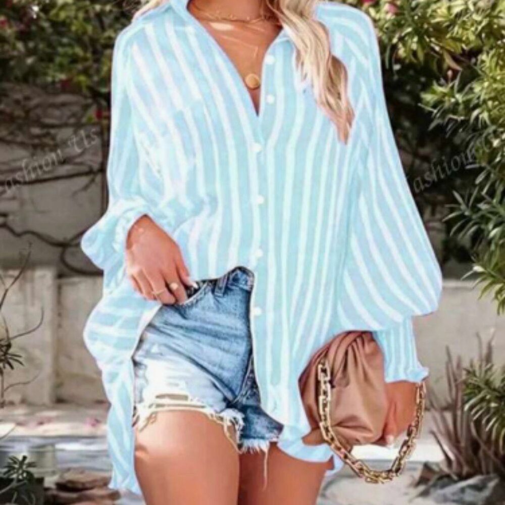 Plus Size Women Distressed Striped Loose Casual Lantern Sleeve Shirt